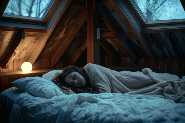 Une femme dort paisiblement sous une couverture douce dans une chambre mansardée, éclairée par la lumière de la lune passant à travers une fenêtre de toit et une fenêtre double vitrage.