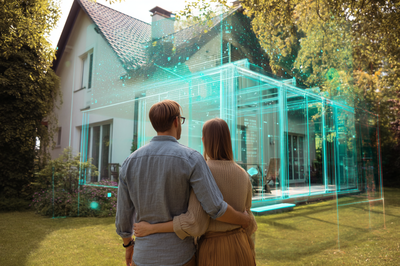 Couple observant leur maison depuis le jardin, visualisant un projet d’extension avec une véranda en hologramme