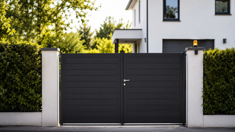 Portail moderne en aluminium devant une maison contemporaine, illustrant une fermeture extérieure robuste favorisant confort, tranquillité et isolation phonique résidentielle.