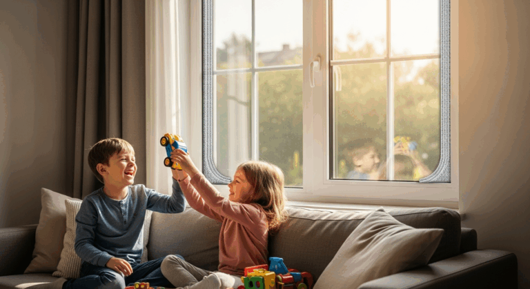 Enfants qui jouent près d&#039;une fenêtre