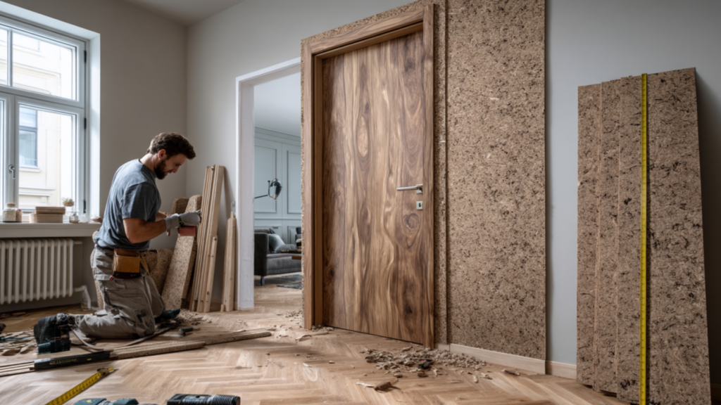 Artisan installant un joint acoustique sur une porte intérieure pour améliorer l’isolation phonique entre deux pièces dans un appartement moderne.