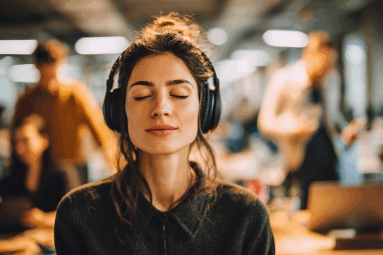 Employé concentré portant un casque anti-bruit dans un open space animé, entouré de collègues en pleine discussion.