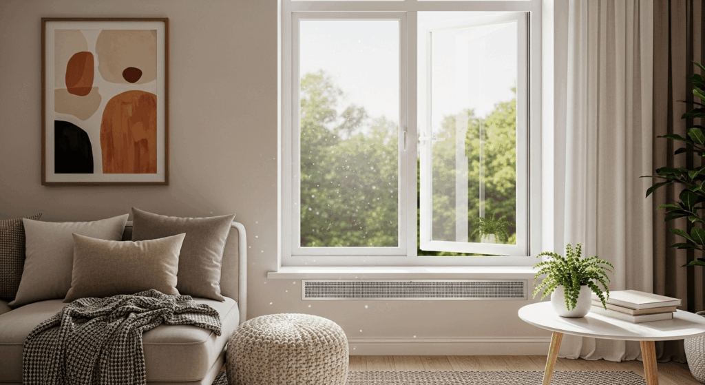 pièce avec grille de ventilation acoustique à la fenêtre