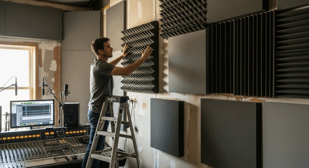 Pose de mousse acoustique dans un studio d'enregistrement