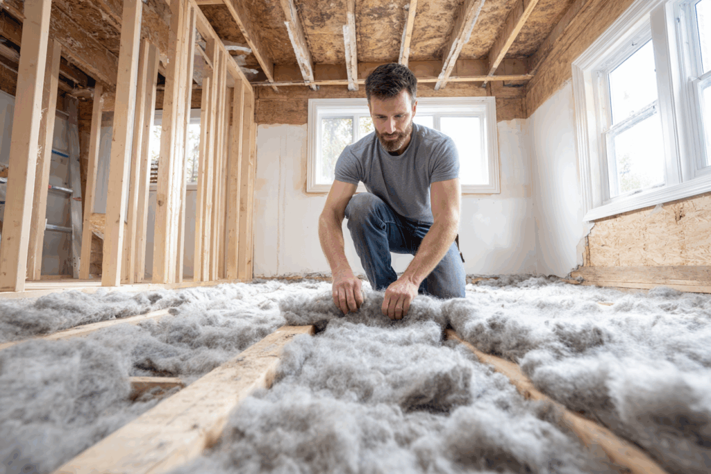 un artisan à genoux déroule des bandes de laine minérale grise entre les solives apparentes