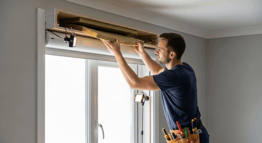 Professionnel qui s'occupe de l'générer une image d'un professionnel qui s'occupe de l'isolation du coffre d'un volet roulant intérieur