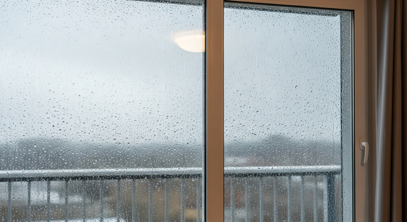 fenêtre vitrée fermée vue de l'intérieur avec gouttes de pluies