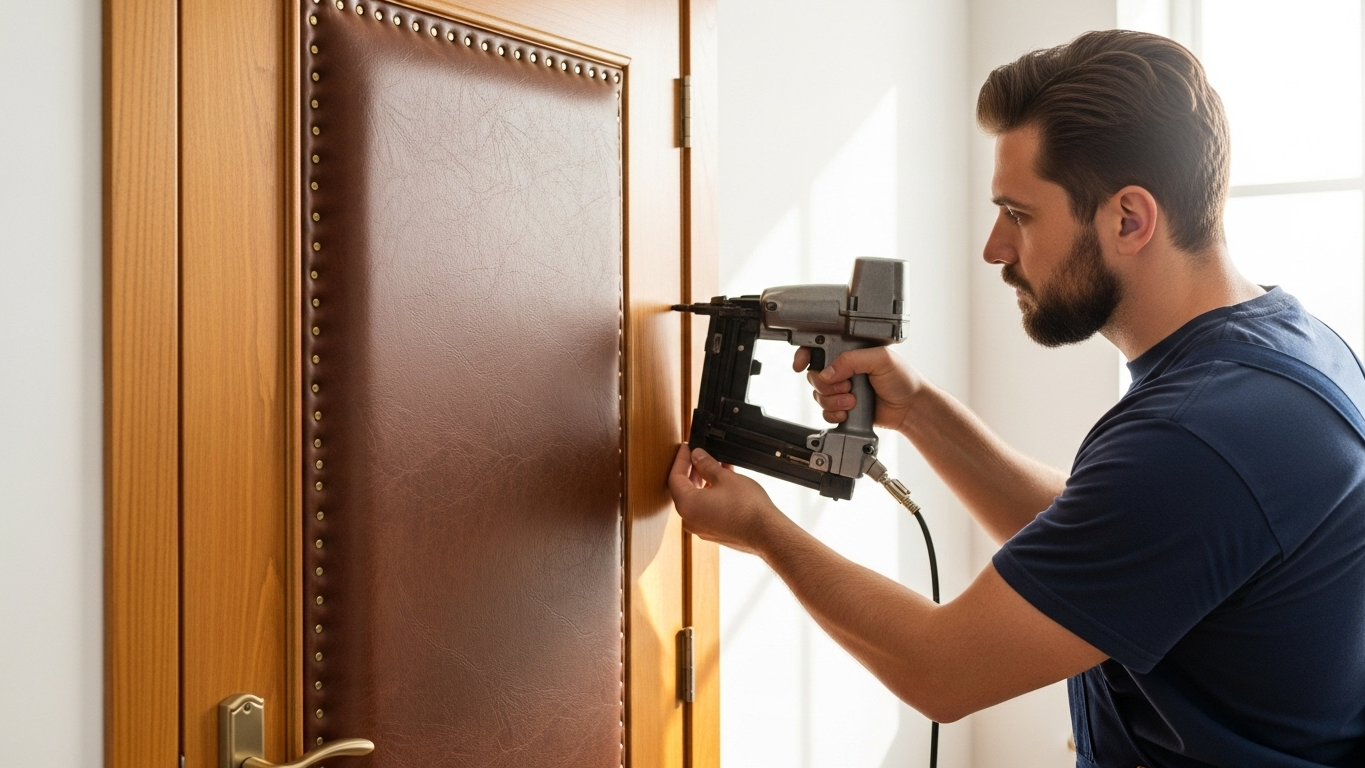 Bricoleur en train de fixer une plaque enveloppée de simili cuir sur une porte