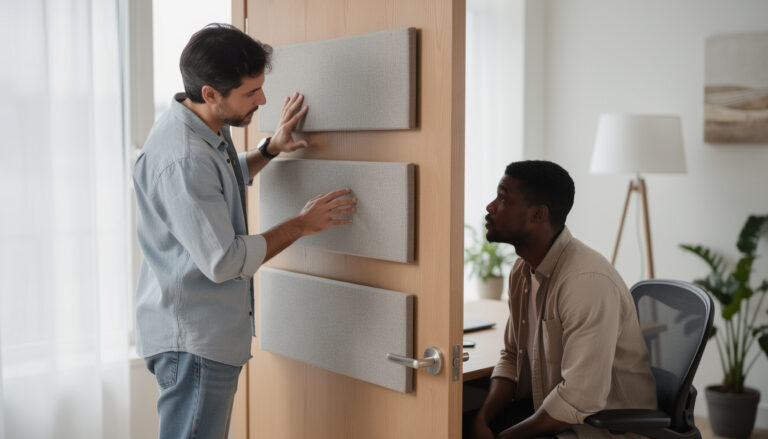 découvrez l'efficacité des panneaux acoustiques installés sur une porte et leur impact sur l'isolation sonore pour un intérieur plus calme.