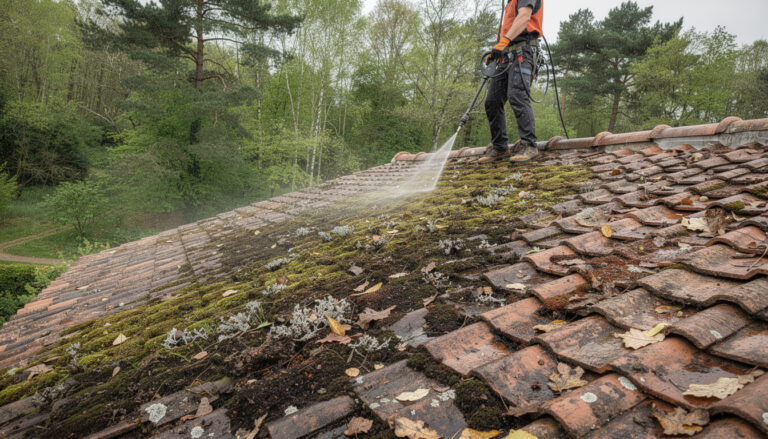 service de nettoyage de toiture à milly-la-forêt spécialisé dans l'élimination des dépôts organiques provenant de la forêt pour préserver l'intégrité et la beauté de votre toit.