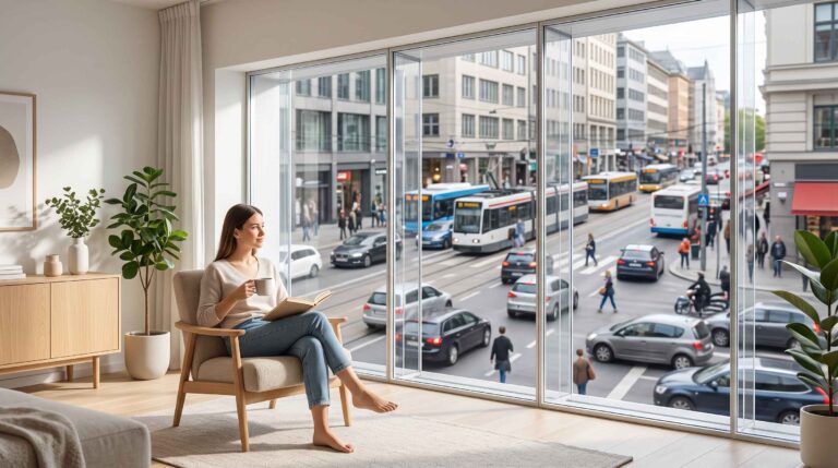 Une femme boit du café dans un salon tranquille devant une grande vitre qui la sépare de la circulation urbaine.