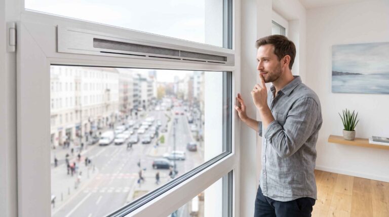 Un homme fait le signe du silence devant une fenêtre avec grille de ventilation donnant sur une rue très animée.