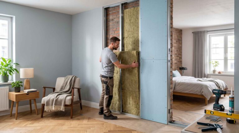 Un artisan pose soigneusement un panneau d'isolant minéral dans l'ossature métallique d'une cloison séparant un salon d'une chambre très lumineuse.