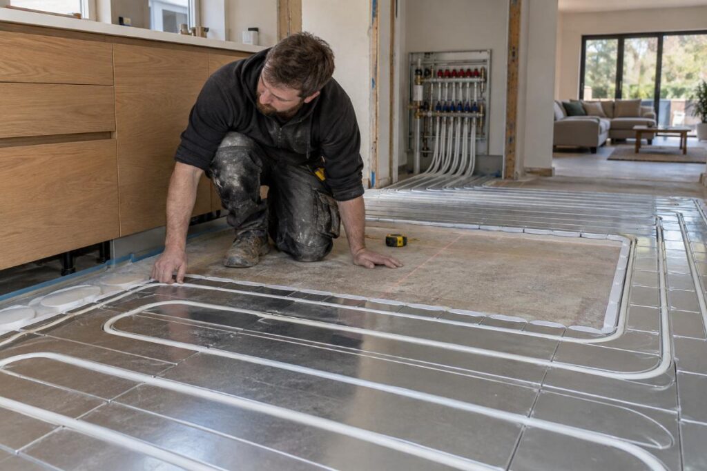 L'installateur assure la vérification du tracé des tubes d’un plancher chauffant sec, près des meubles de cuisine et du collecteur mural.